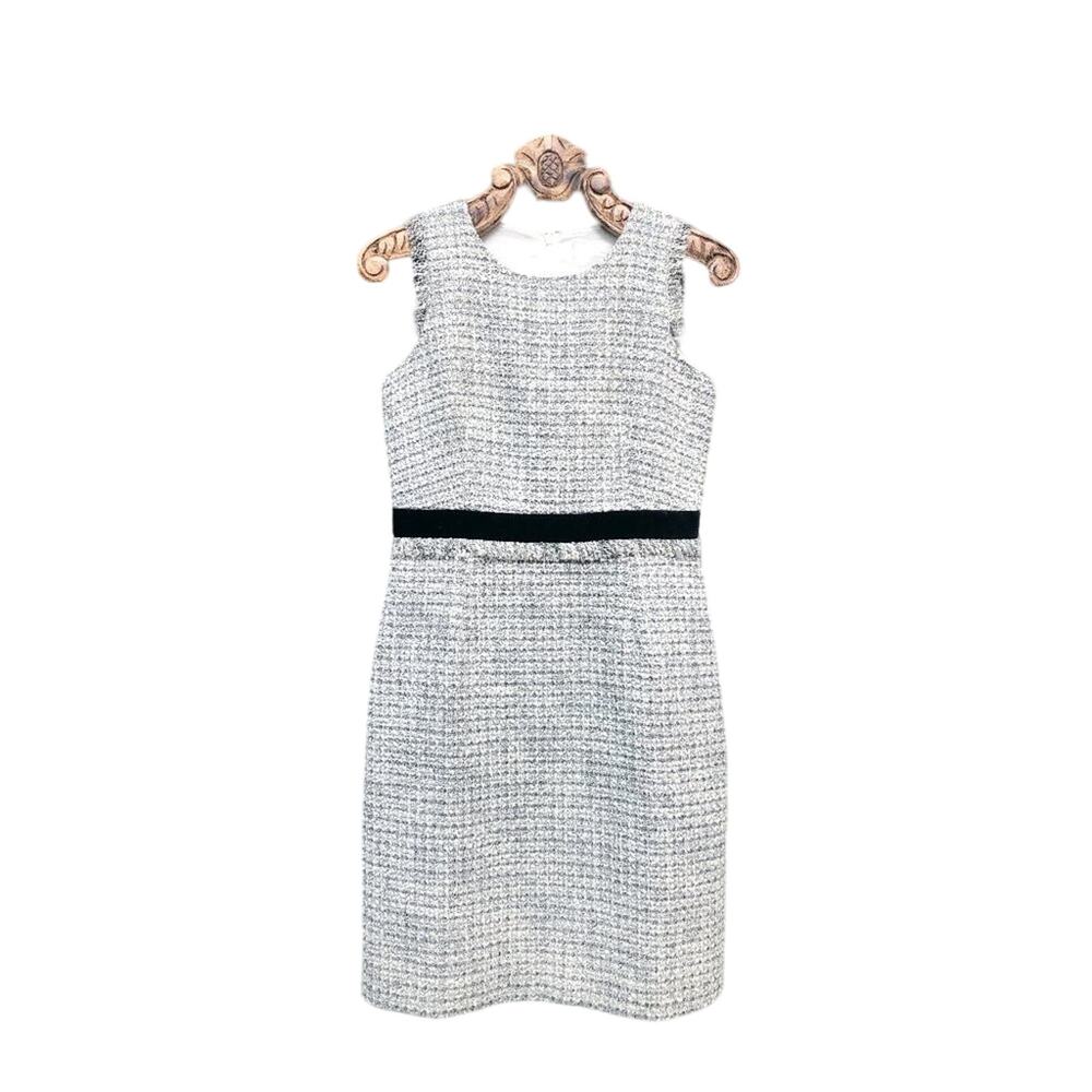 J. Crew Metallic Tweed Fringe Sheath Grey Velvet Banded Waist Knee Length 6
